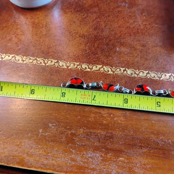 Vtg 950 Sterling Silver Red Black Ladybug Peruvian Huayruro Seed Link Bracelet - Picture 4 of 5
